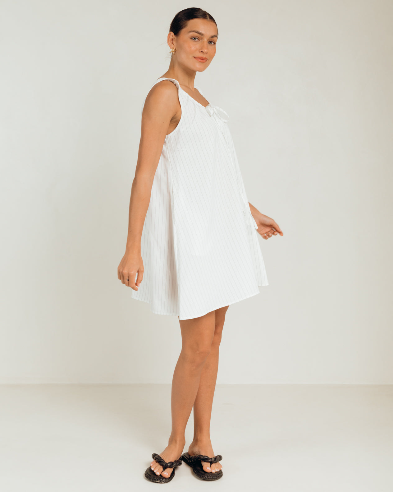 Evie Mini Dress in White Pinstripe - Flowy Mini Dress - The Lullaby Club