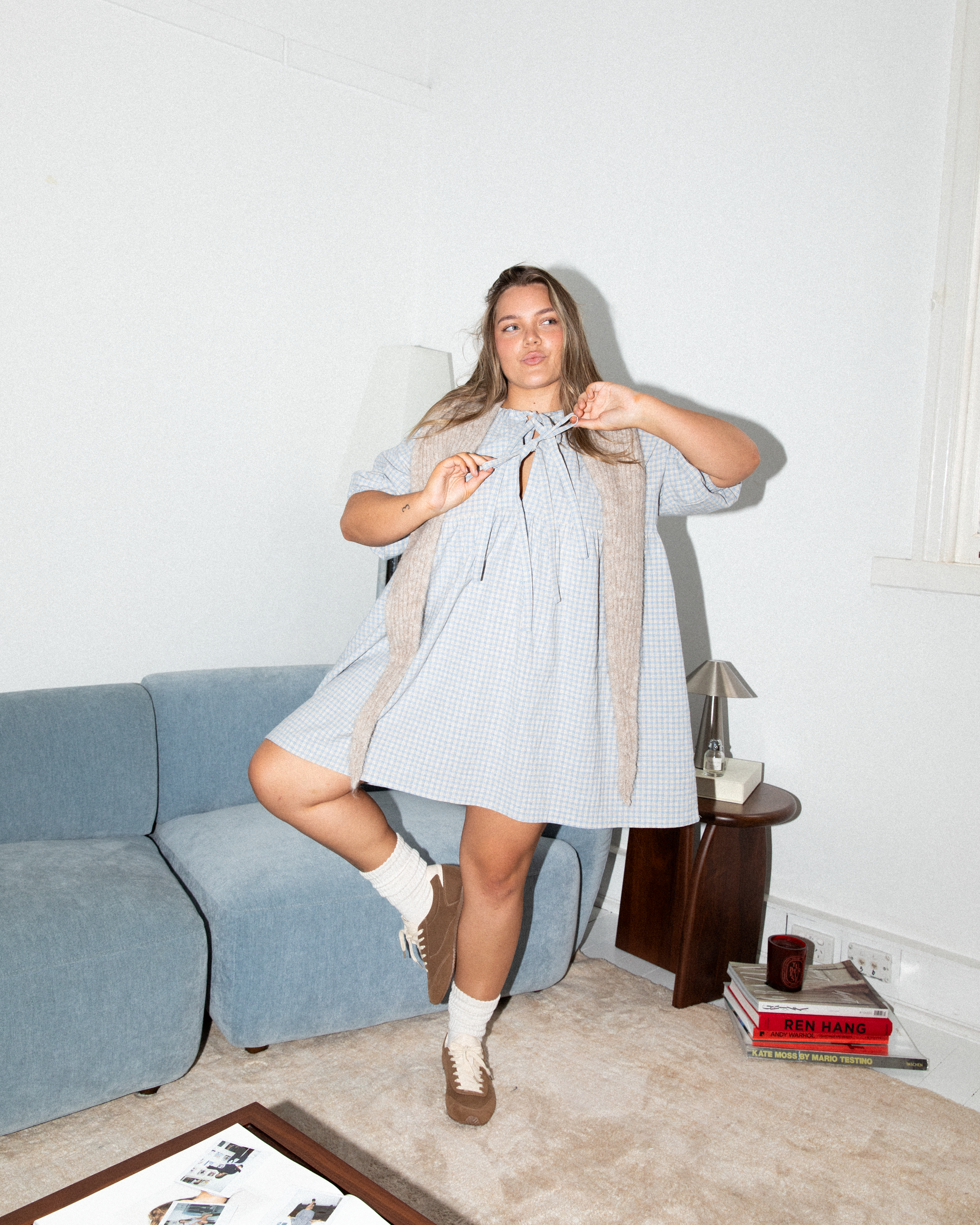 Florence Mini Dress in Powder Blue Gingham - Functional Mini Dress in Extended Size Range AU6-26 - The Lullaby Club