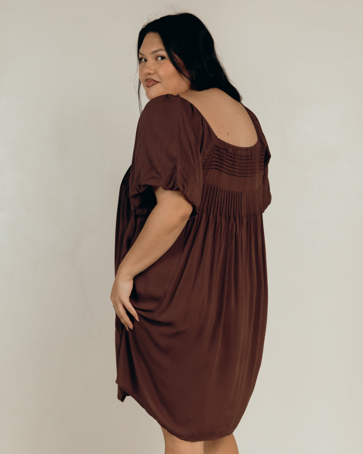 Harper Mini Dress in Chocolate - Elasticated Back - The Lullaby Club