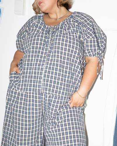 Harvey Top in Denim Gingham - Adjustable Neckline Top - The Lullaby Club