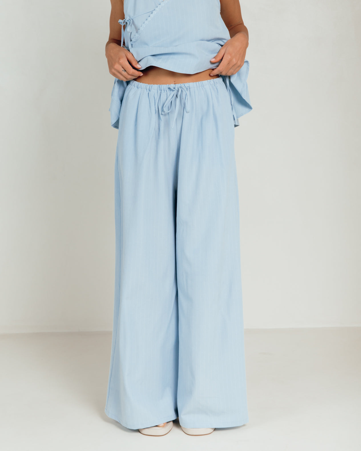 Lola Pants in Blue Pinstripe - Baby Blue Pinstripe Trouser Pants - The Lullaby Club