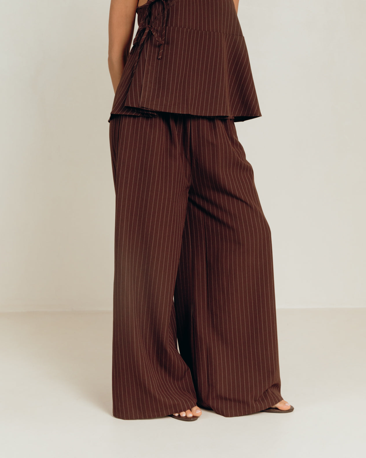 Lola Pants in Chocolate Pinstripe - Pinstripe Trousers with Functional Pockets - The Lullaby Club