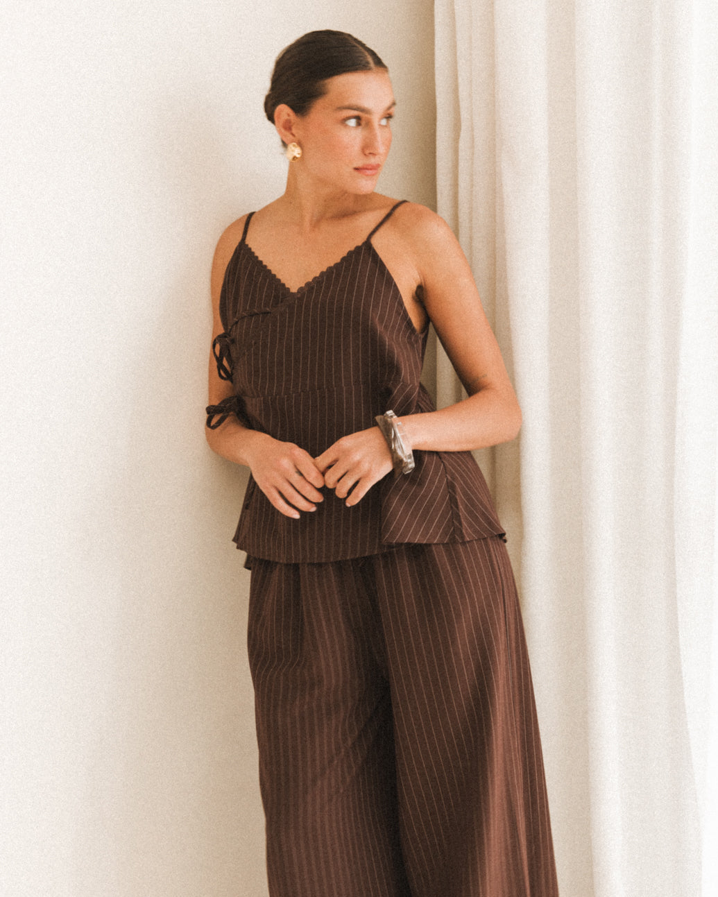 Lulu Wrap Top in Chocolate Pinstripe - Breastfeeding Accessible Singlet Top - The Lullaby Club