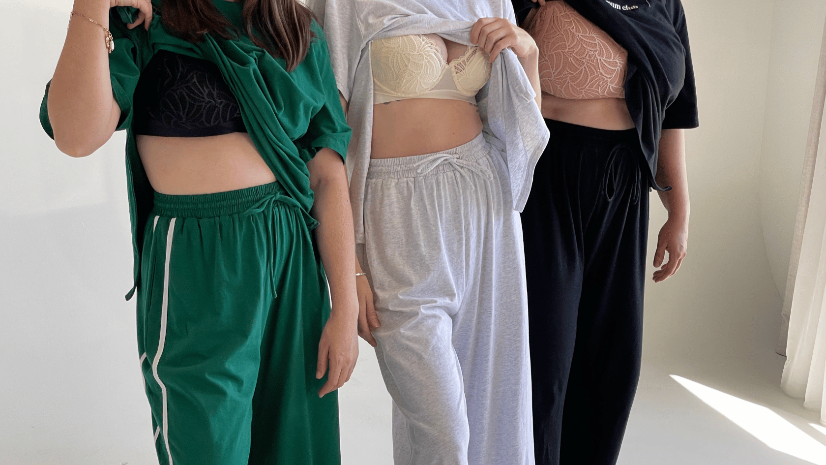 The Lullaby Club x Hotmilk Essentials Tee and Essentials Pants emerald, grey and black. 