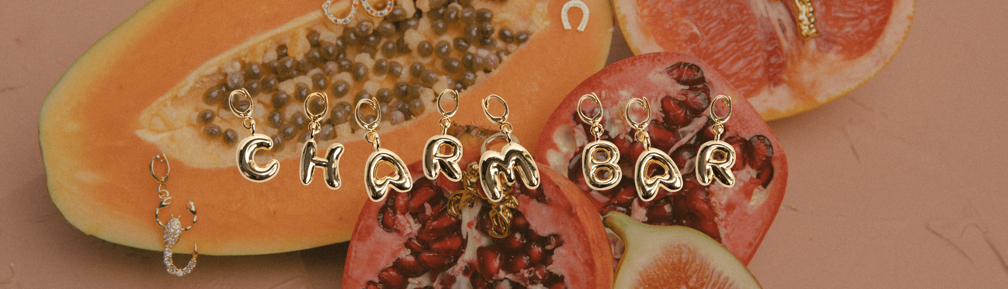 fruit backdrop bubble letter gold charms jewellery c letter h letter a letter r letter m letter b letter a letter r letter 