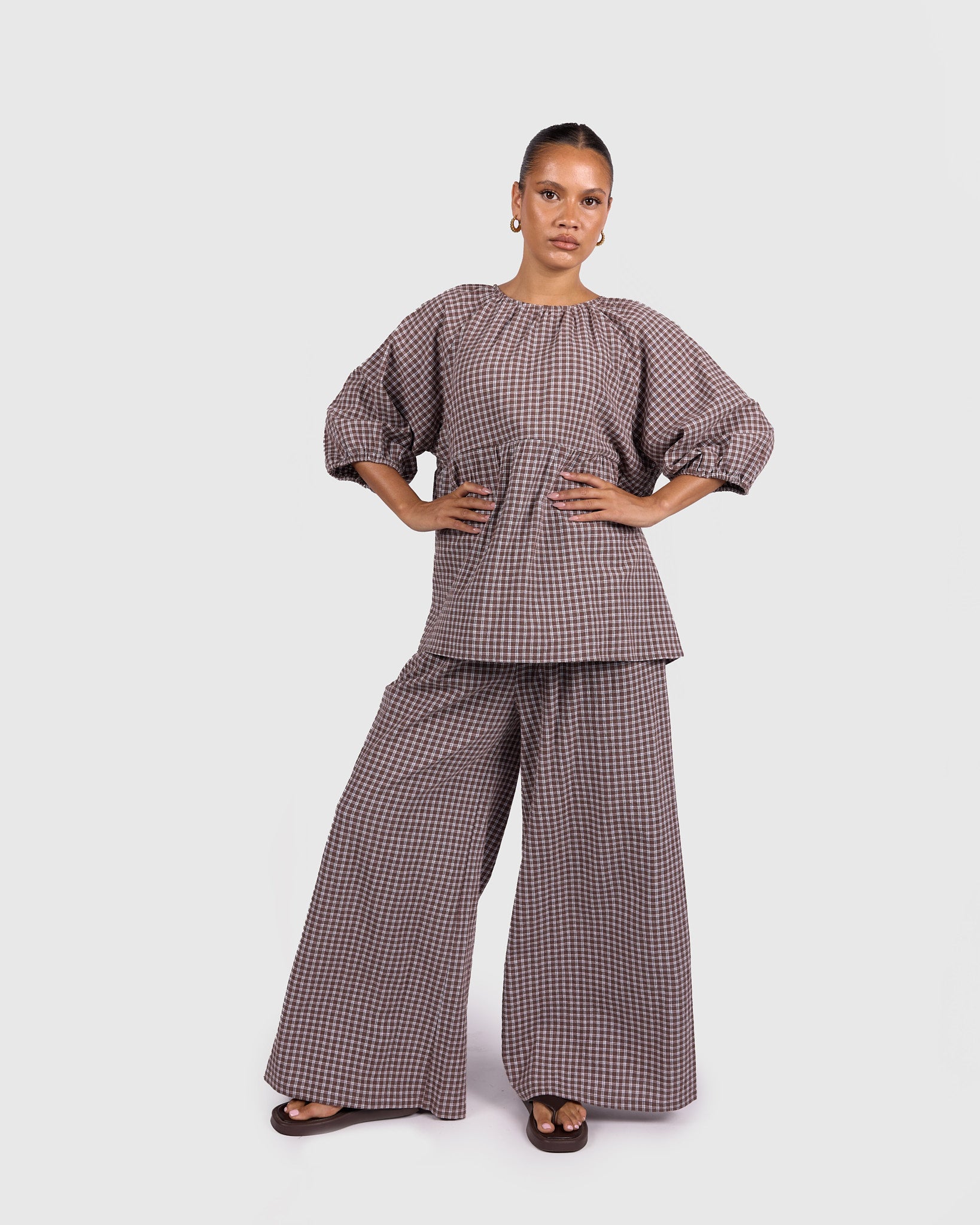 Posey Pants in Walnut Gingham | Women's Wide Leg Pants AU Sizes 6