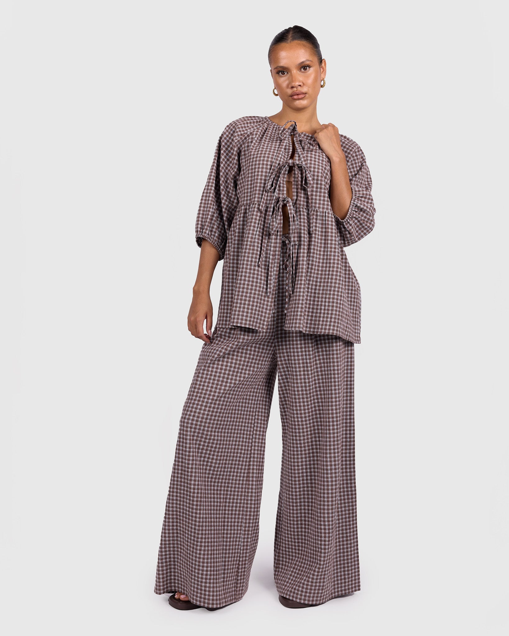 Posey Pants in Walnut Gingham | Women's Wide Leg Pants AU Sizes 6
