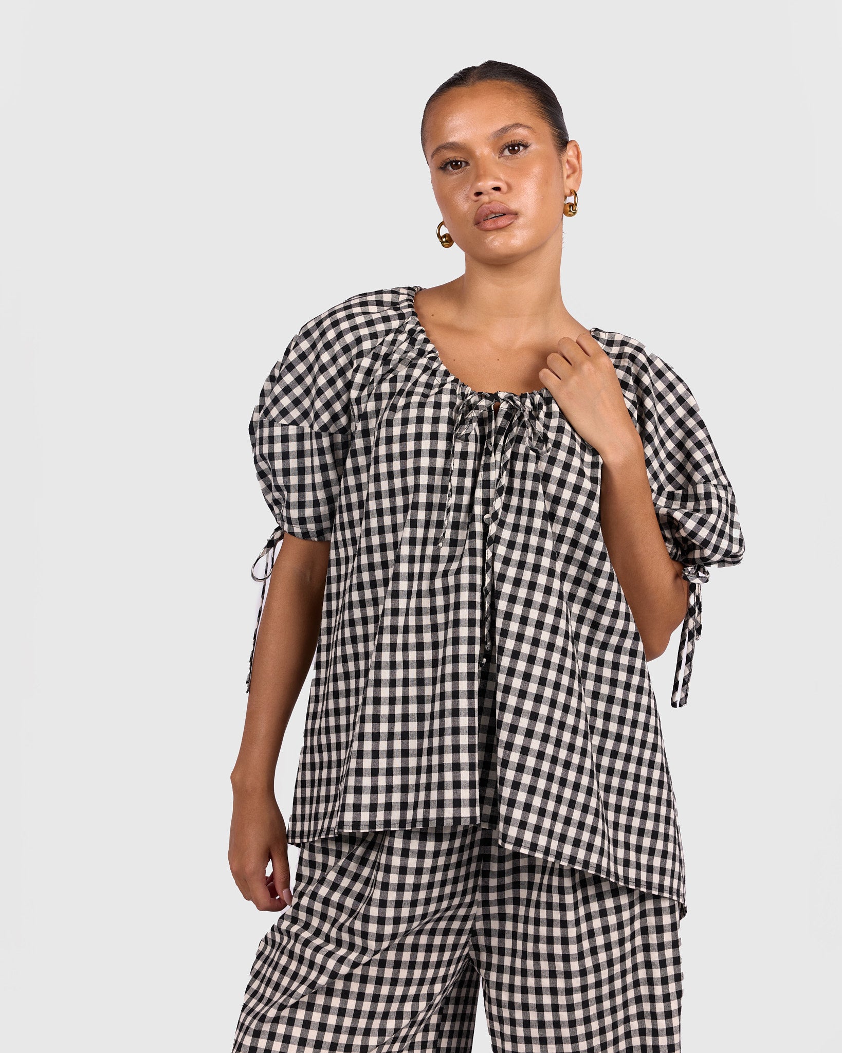 トップス tope. cross strap tunic / gingham p.b Harvey Top in Black Gingham | Breastfeeding Friendly Women's Top
