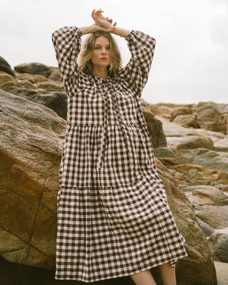 Maxi Avalon Smock Dress | Brown Gingham