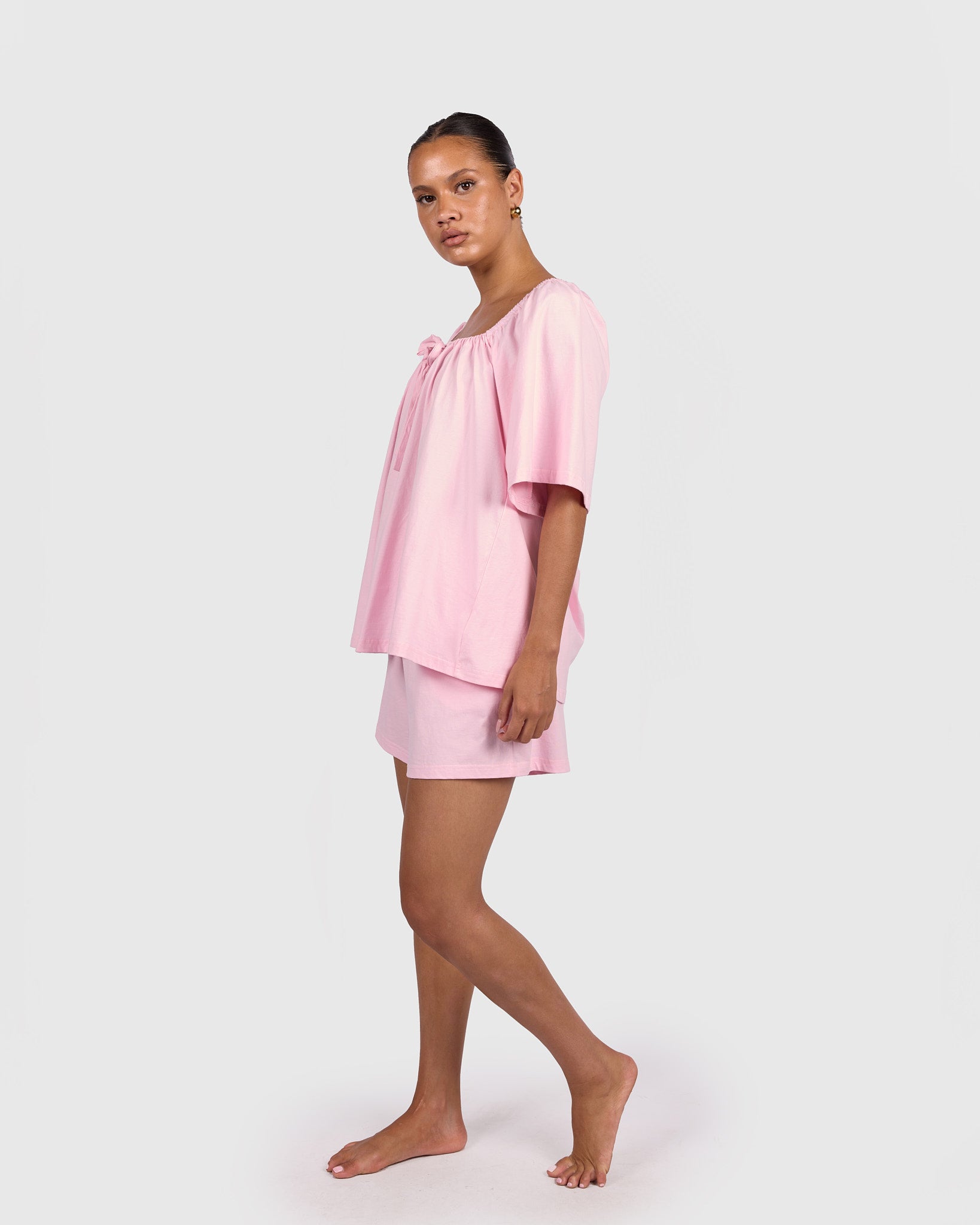 Women wearing comfortable cotton pj set
