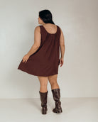 Evie Mini Dress in Chocolate Pinstripe - Pregnancy and Postpartum Friendly Mini Dress - The Lullaby Club