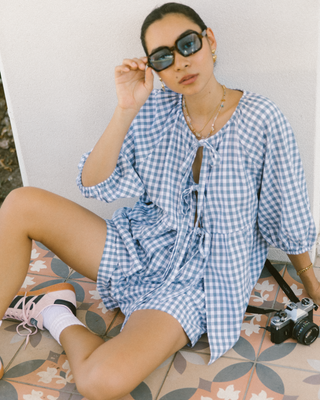 Florence Smock Top in Blue Gingham – Oversized maternity-friendly blouse with a reversible design