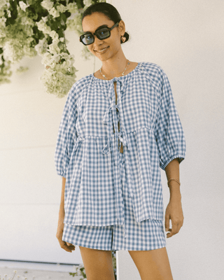 Florence Smock Top in Blue Gingham – Oversized maternity-friendly blouse with a reversible design