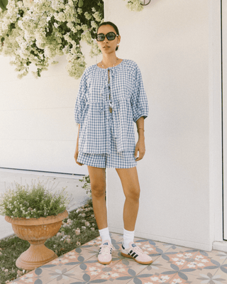 Florence Smock Top in Blue Gingham – Oversized maternity-friendly blouse with a reversible design