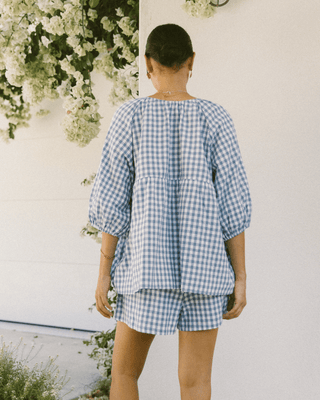 Florence Smock Top in Blue Gingham – Oversized maternity-friendly blouse with a reversible design