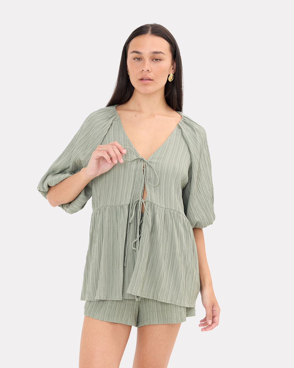 Frankie Top in Green Crepe - Front Ties - The Lullaby Club