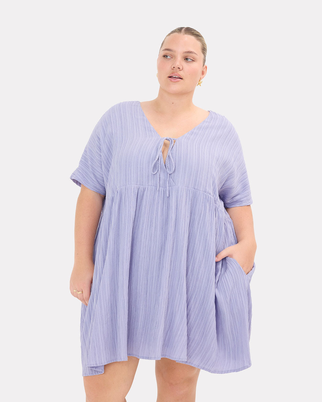 Lainey Mini Dress in Purple Crepe - Functional Pockets - The Lullaby Club