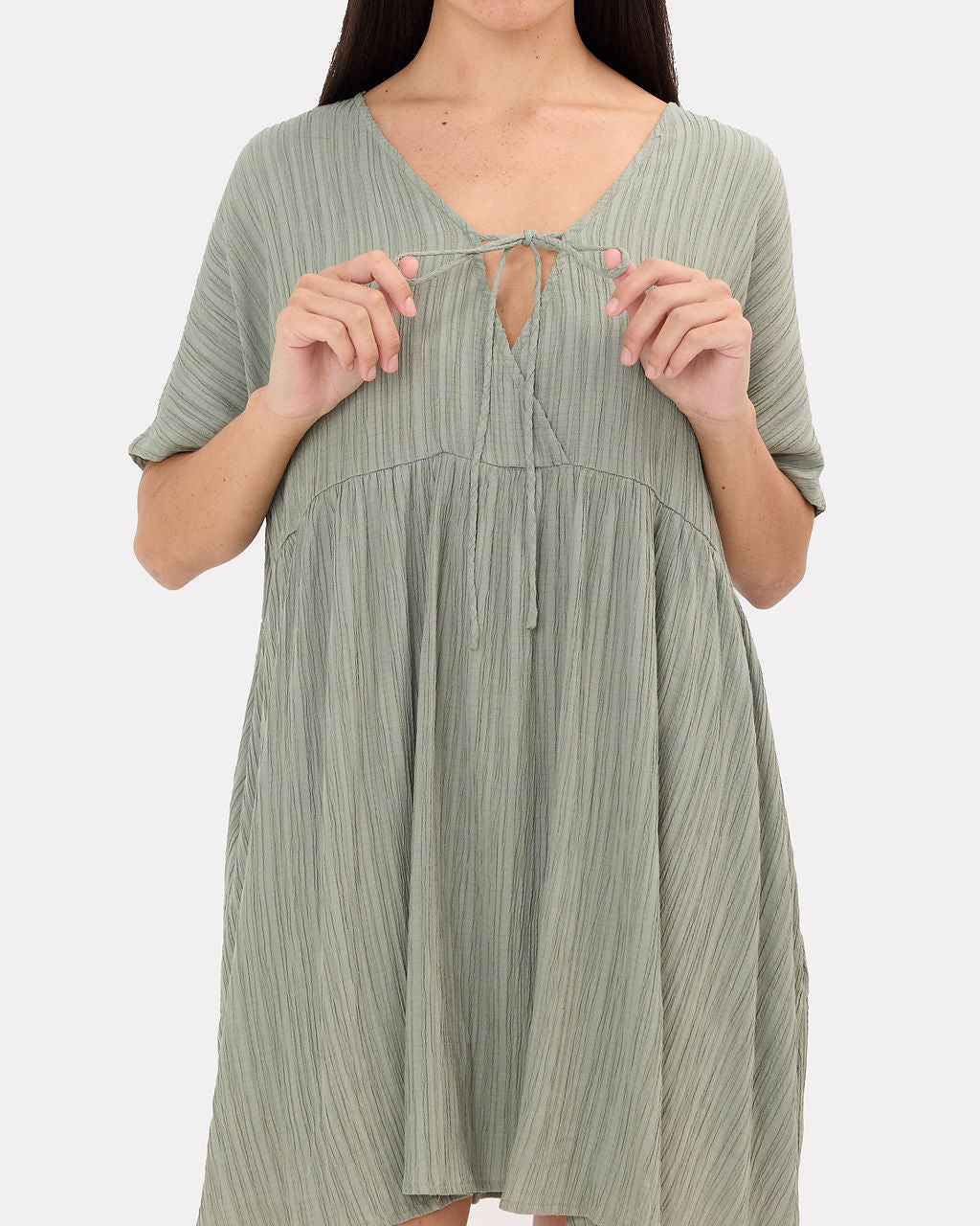 Lainey Mini Dress in Green Crepe - Maternity & Postpartum Friendly - The Lullaby Club