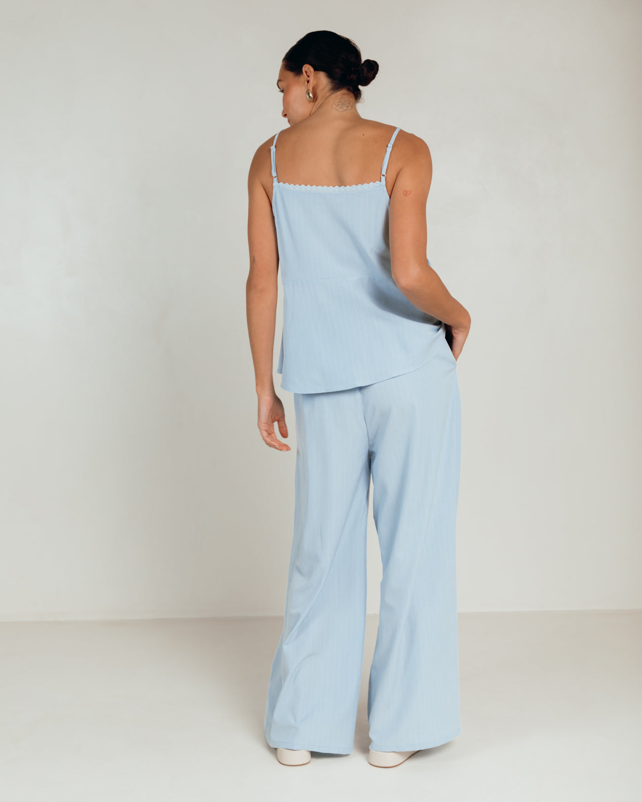 Lola Pants in Blue Pinstripe - Maternity and Postpartum Friendly Pinstripe Trousers - The Lullaby Club