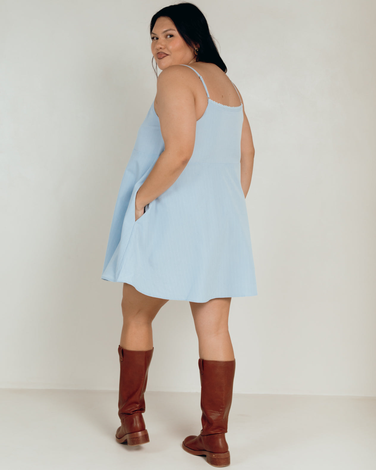Lulu Wrap Dress in Blue Pinstripe - Oversized Wrap Mini Dress - The Lullaby Club