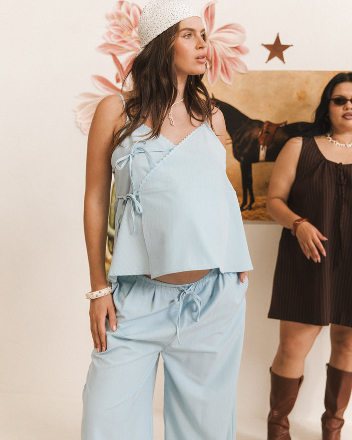 Lulu Wrap Top | Blue Pinstripe