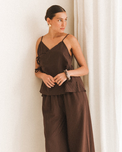 Lulu Wrap Top in Chocolate Pinstripe - Breastfeeding Accessible Singlet Top - The Lullaby Club