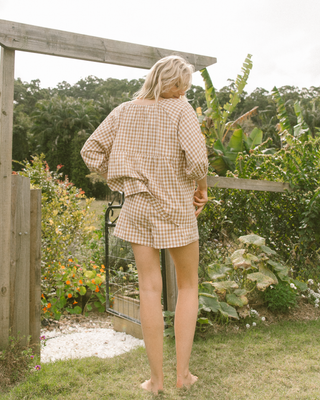 Matilda Maternity & Plus-Size Shorts in Caramel Gingham for Pregnancy & Postpartum Comfort