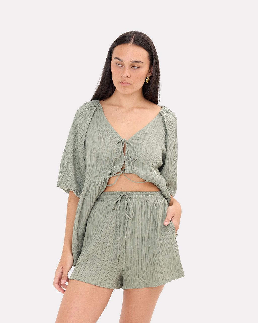 Matilda Shorts in Green Crepe - Functional Pockets - The Lullaby Club