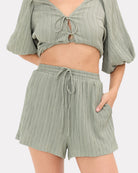 Matilda Shorts in Green Crepe - Adjustable Elastic Waistband - The Lullaby Club