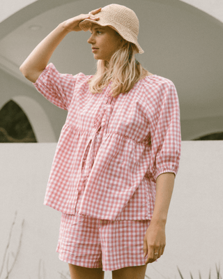 Pink Gingham Maternity Shorts for Pregnancy & Postpartum - Plus-Size Friendly