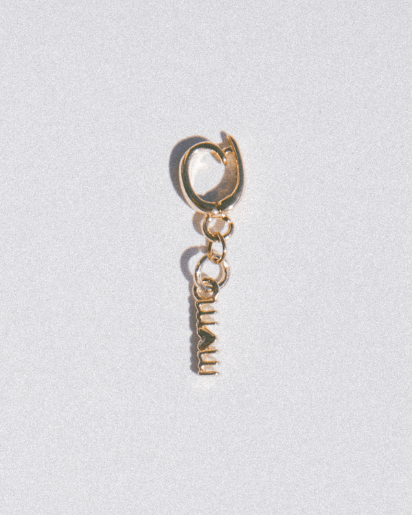 Gold 'mom' charm with a heart replacing the O. 