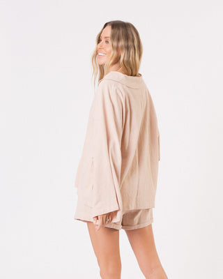 The Lullaby Club_Womens Lounge Set_Cotton/linen button up shirt and shorts