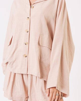 The Lullaby Club_Womens Lounge Set_Cotton/linen button up shirt and shorts