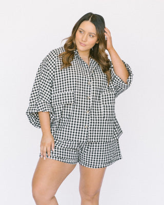 The Lullaby Club_Womens Lounge Set_Cotton/linen button up shirt and shorts