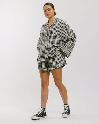 The Lullaby Club_Womens Lounge Set_Cotton/linen button up shirt and shorts