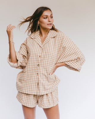 The Lullaby Club_Womens Lounge Set_Cotton/linen button up shirt and shorts