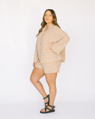 The Lullaby Club_Womens Lounge Set_Cotton/linen button up shirt and shorts