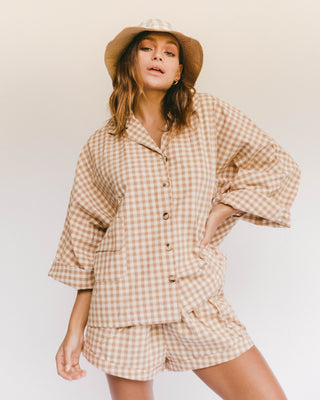 The Lullaby Club_Womens Lounge Set_Cotton/linen button up shirt and shorts