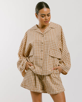 The Lullaby Club_Womens Lounge Set_Cotton/linen button up shirt and shorts