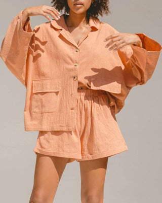 The Lullaby Club_Womens Lounge Set_Cotton/linen button up shirt and shorts