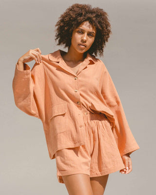 The Lullaby Club_Womens Lounge Set_Cotton/linen button up shirt and shorts