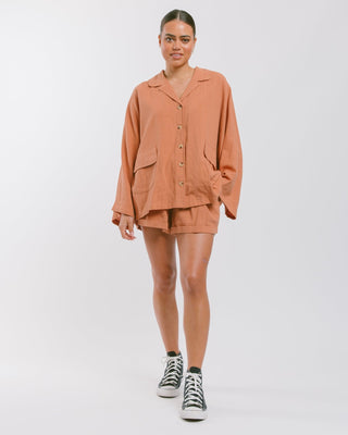 The Lullaby Club_Womens Lounge Set_Cotton/linen button up shirt and shorts