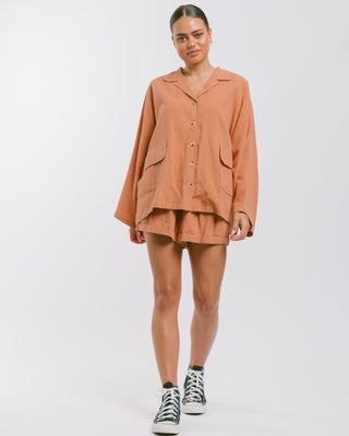 The Lullaby Club_Womens Lounge Set_Cotton/linen button up shirt and shorts