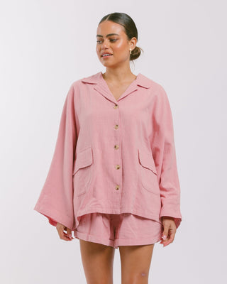 The Lullaby Club_Womens Lounge Set_Cotton/linen button up shirt and shorts