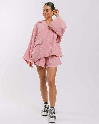 The Lullaby Club_Womens Lounge Set_Cotton/linen button up shirt and shorts