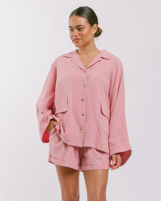 The Lullaby Club_Womens Lounge Set_Cotton/linen button up shirt and shorts