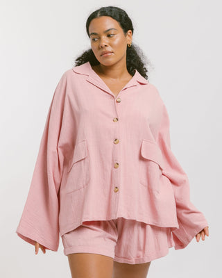 The Lullaby Club_Womens Lounge Set_Cotton/linen button up shirt and shorts