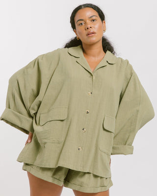 The Lullaby Club_Womens Lounge Set_Cotton/linen button up shirt and shorts