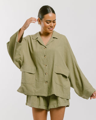 The Lullaby Club_Womens Lounge Set_Cotton/linen button up shirt and shorts