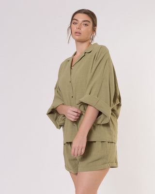 The Lullaby Club_Womens Lounge Set_Cotton/linen button up shirt and shorts